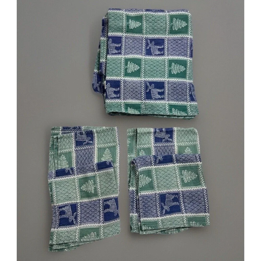 Rustic Moose Pine Tree Tablecloth Napkins Set Lodge Cabin Cotton 52x84